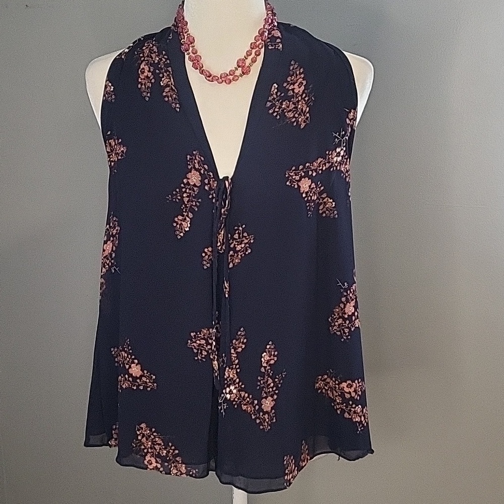 Derek Lam 10 Crosby Blue with Pink Floral V-Neck Flowy Sleeveless Top - Sz 2